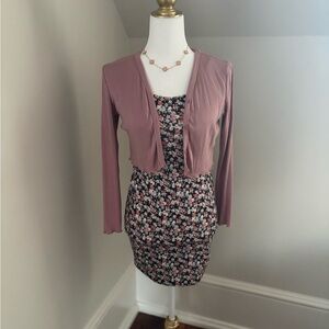 SHEIN Black Floral Bodycon Dress with Mauve Pink Cardigan